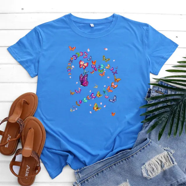 Women's Fashionable Simple Heart Butterfly Printed Round Neck Short Sleeve T shirt Blue - Shop at LoveMi
