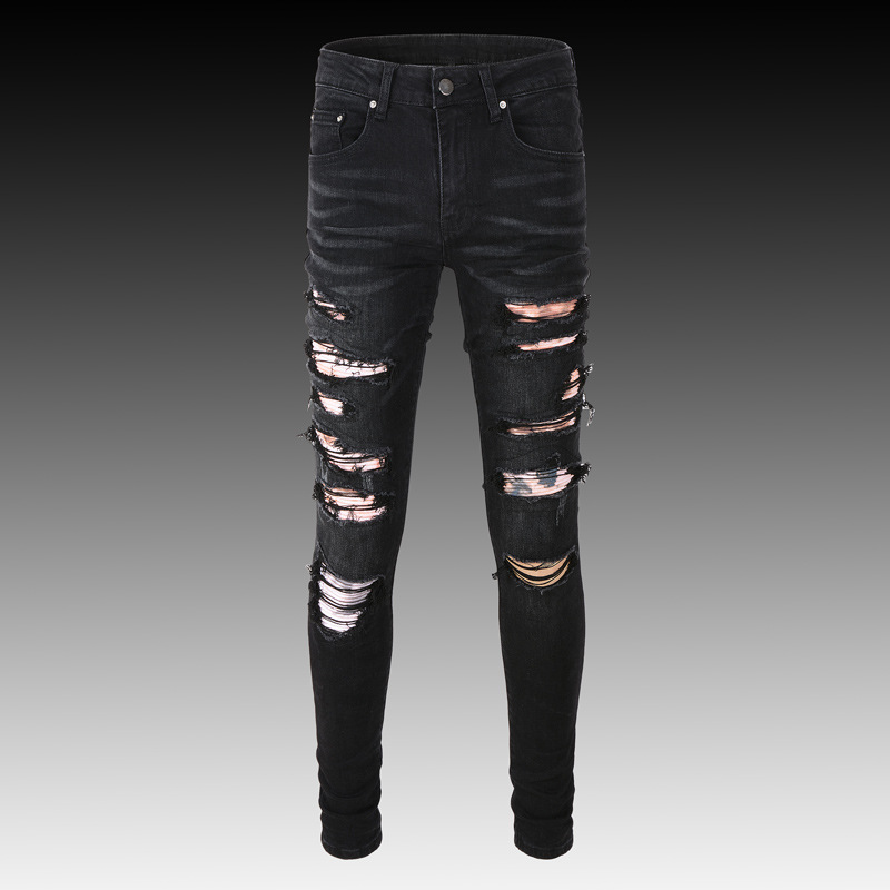 European Station High Street New Fashion Brand Leopard Print Ripped Men's Denim Trousers