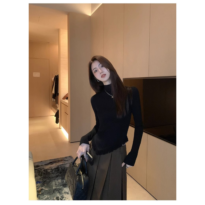 Women's Solid Color Semi High Neck Tassel Knit Base Sweater - Image 5