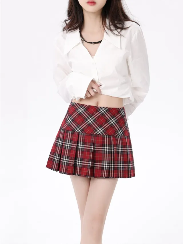 College Style JK Red Plaid Pleated Skirt For Women Red Pattern - Shop at LoveMi