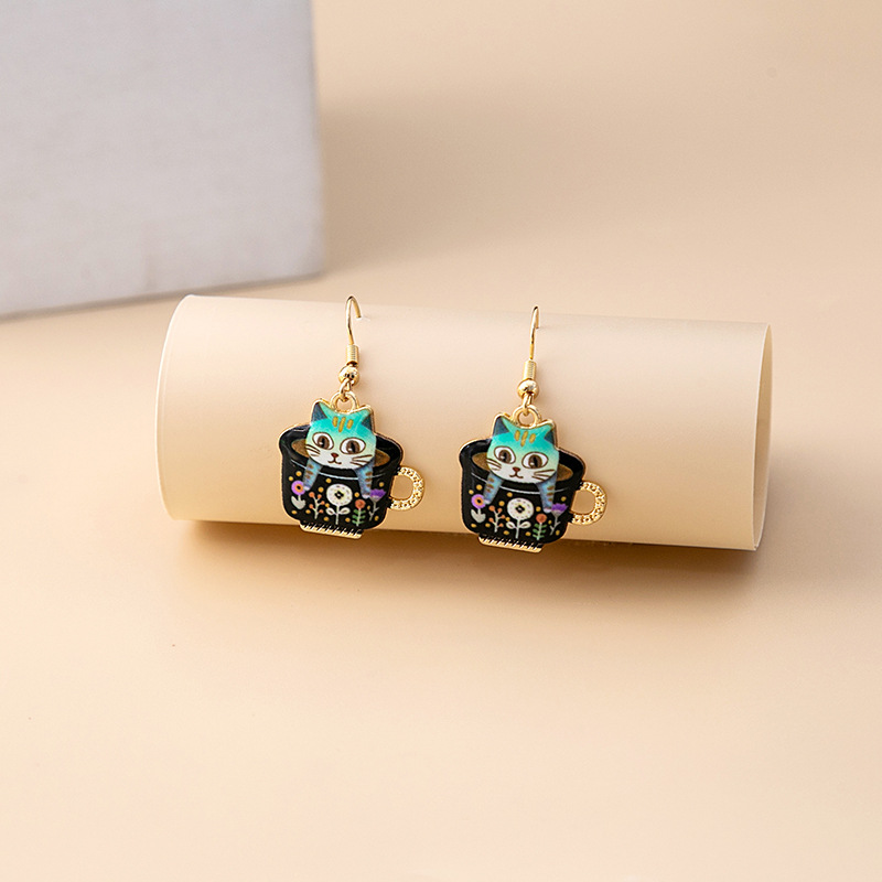 Creative Personality Tea Cup Printing Cute Kitty Earrings