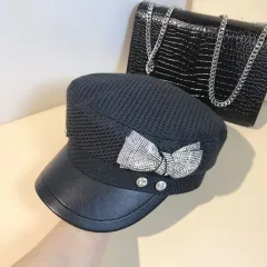 Splicing Socialite Flat Top Rhinestone Bow Navy Hat Female - Black - View 1