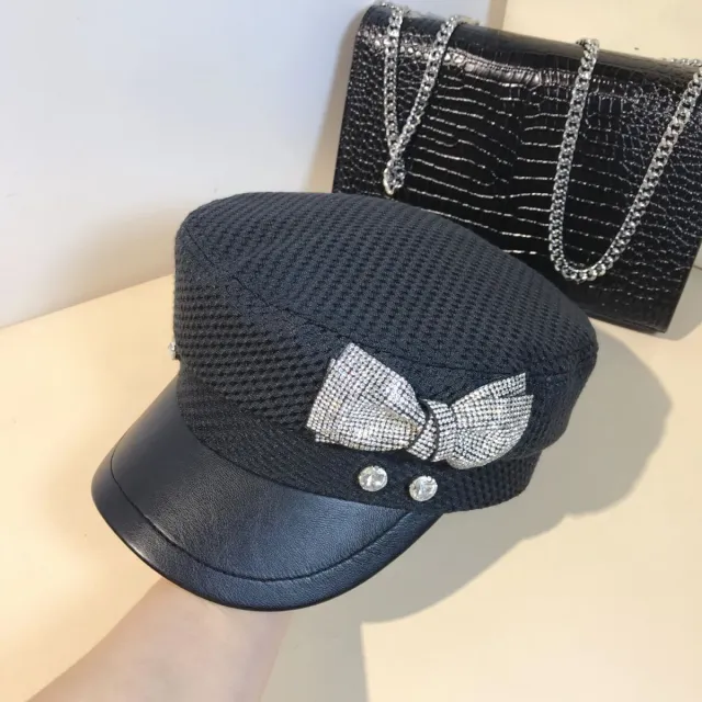 Splicing Socialite Flat Top Rhinestone Bow Navy Hat Female Black - Shop at LoveMi