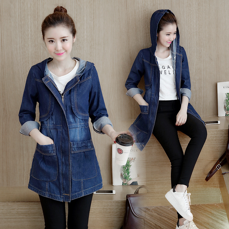 Plus-size Womens Mid-length Slim-fit Denim Trench Coat Jacket