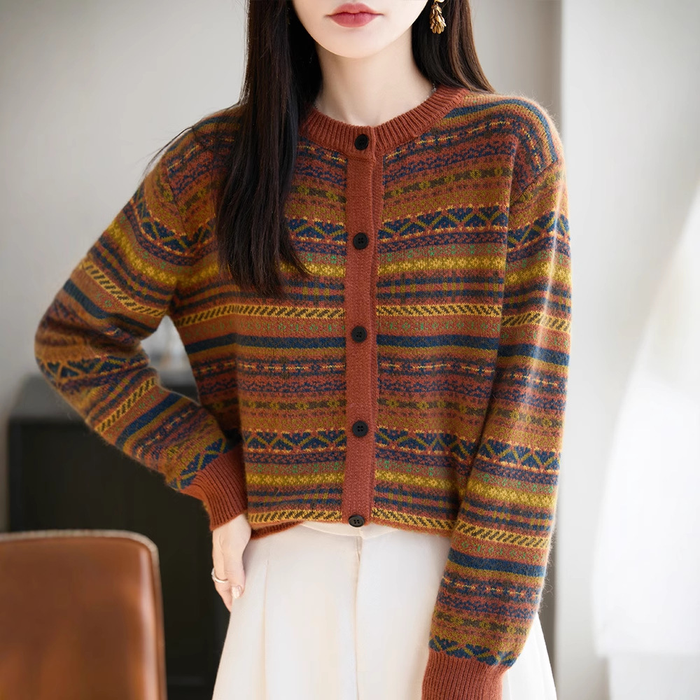 Womens Retro Jacquard Crew-Neck Long-Sleeve Sweater