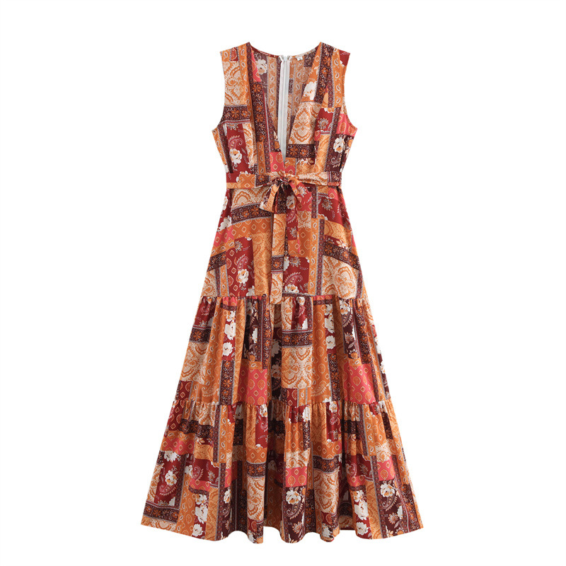 European And American Style Simple Casual Ethnic Style V-neck Sleeveless Lace-up Waist Long Dress