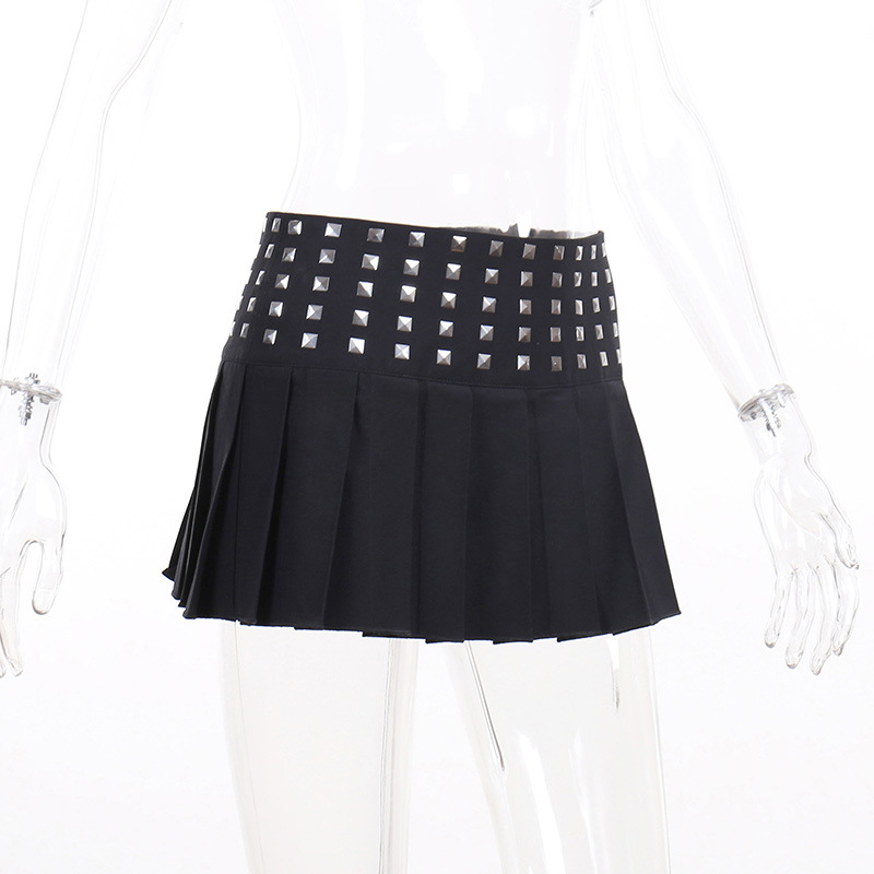 Title 14, Trendy Studded High Stretch Black Pleated Skirt...