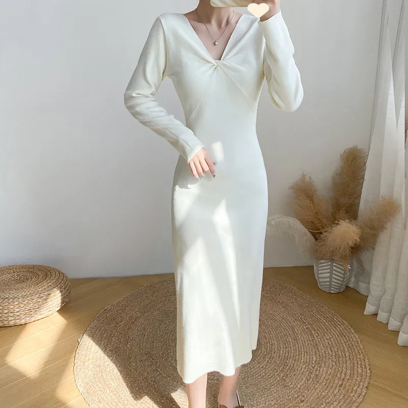Vneck Longsleeve Knitted Bodycon Skirt - Apricot