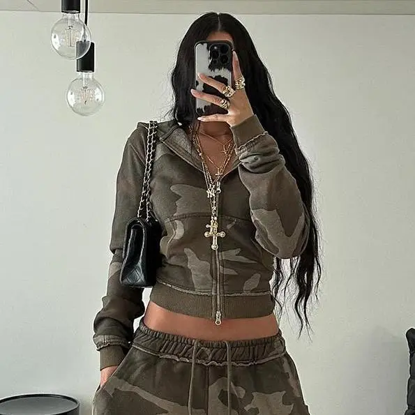 Camouflage Contrast Color Hooded Zipper Sweatshirt Loose Large Design Sweatpants Casual Two piece Suit Hoodie - Shop at LoveMi