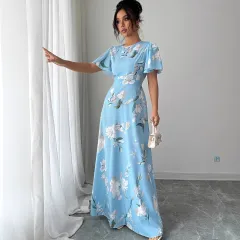 Floral Crew-neck Short-sleeve Waist-cinching Dress - Blue - View 1