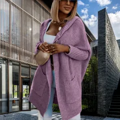 Sweater Women's Stitching Hooded Commuter Pocket Sweater - Purple - View 1