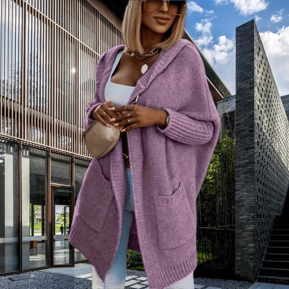 Sweater Women's Stitching Hooded Commuter Pocket Sweater - Purple