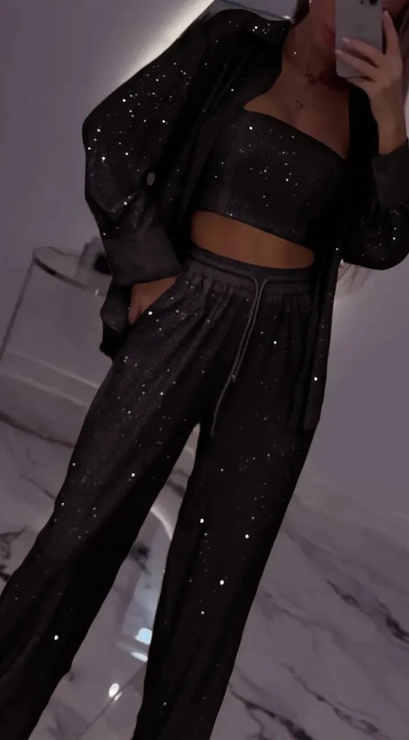 Loose Sequins Jacket Tube Top Three piece Suit Black - Shop at LoveMi