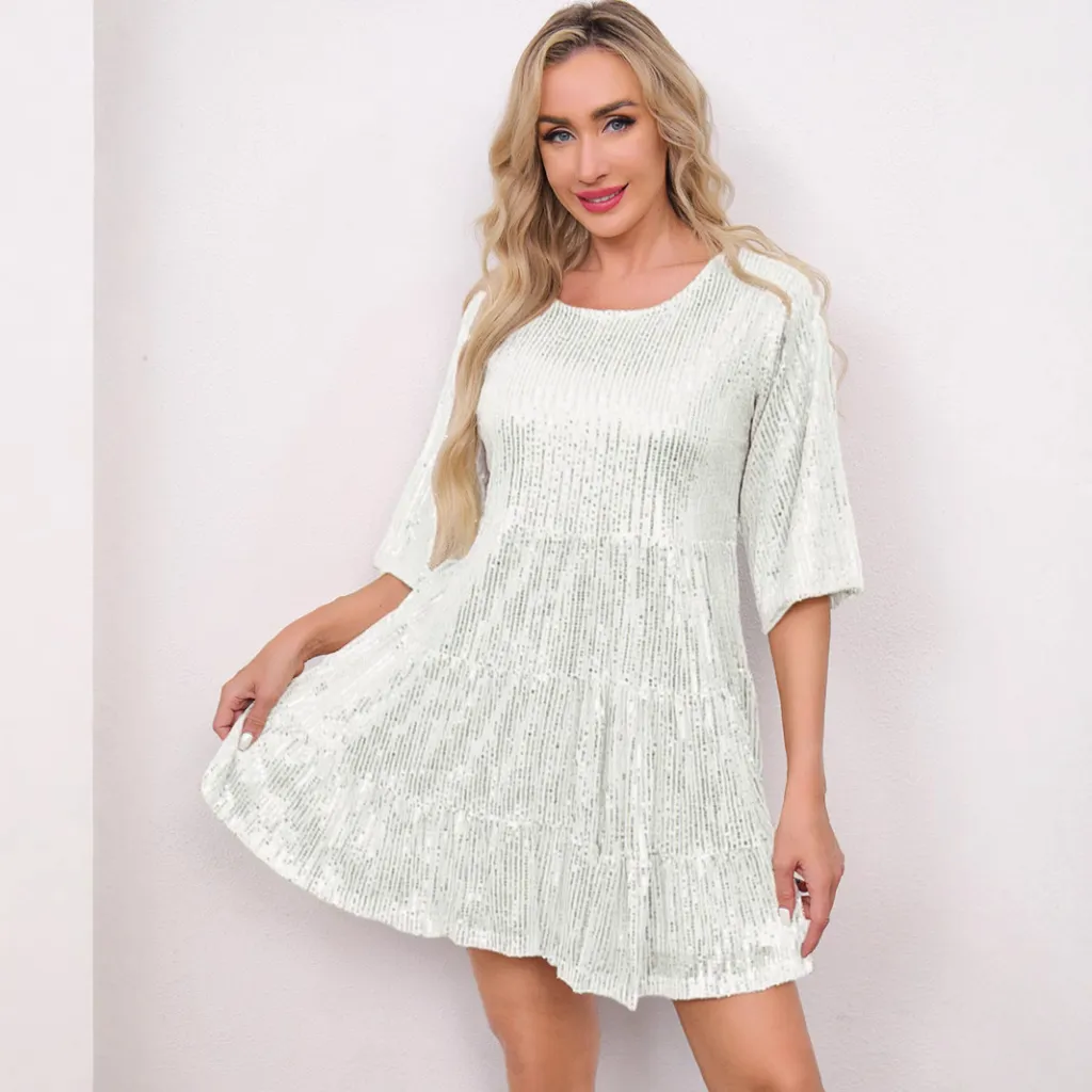 Loose Waist Short Sleeve Short Skirt Dress Banquet Sequin - Silver