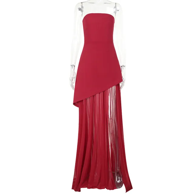 Split Socialite Style Elegant Slim Tube Top Mesh Stitching Hem Dress Red - Shop at LoveMi