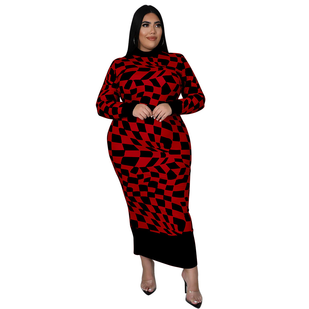 Women's Crew Neck Plaid Printed Long Sleeve Elegant Dress Red - Shop at LoveMi