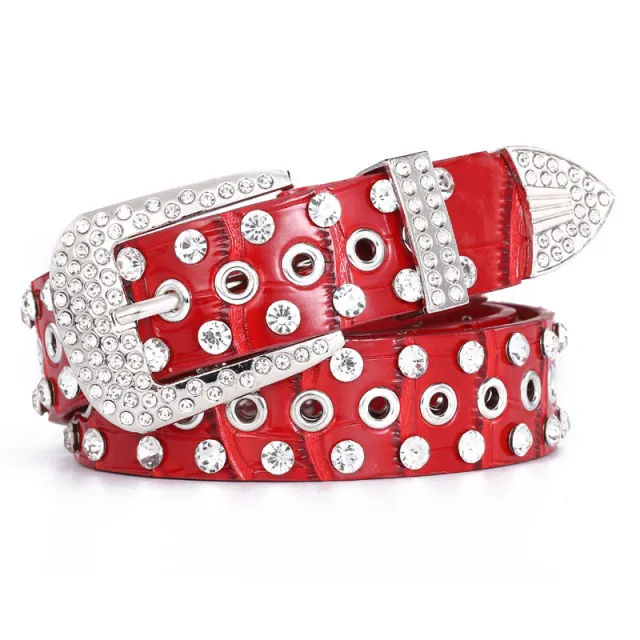 Buckle Three piece Diamond Belt Female Leisure Rhinestone Red - Shop at LoveMi