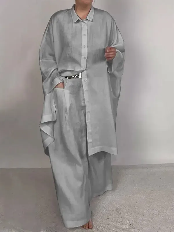 Casual Loose Solid Color Shirt Outfit Wide Leg Pants Two piece Set Gray - Shop at LoveMi
