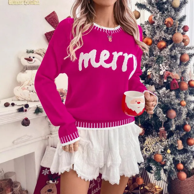 Casual Loose Long Sleeve Sweater For Women Rose Red - Shop at LoveMi