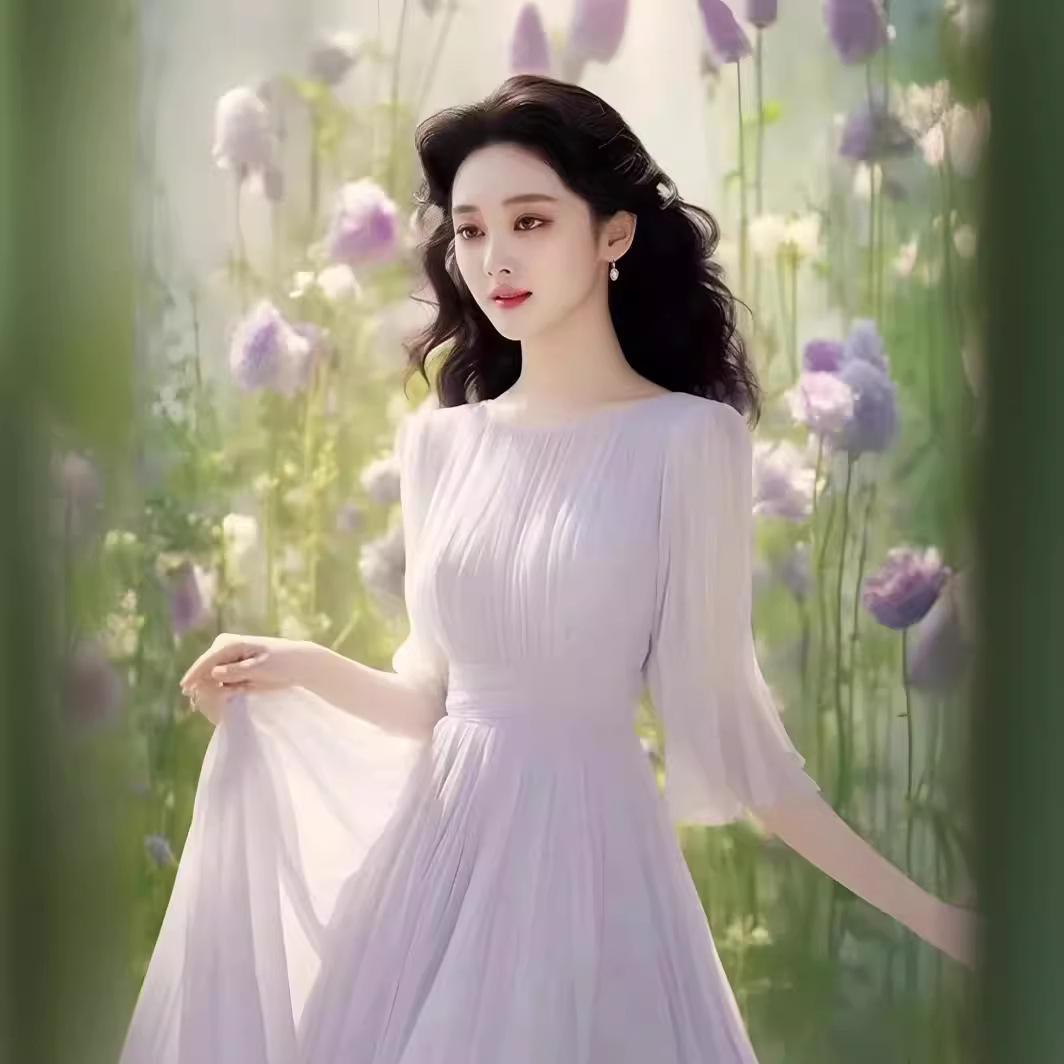 Womens Elegant Purple Pleated Dress