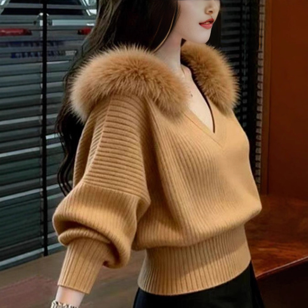 V-neck Patchwork With A Fluffy Collar Cropped Relaxed-fit Lantern Long Sleeves