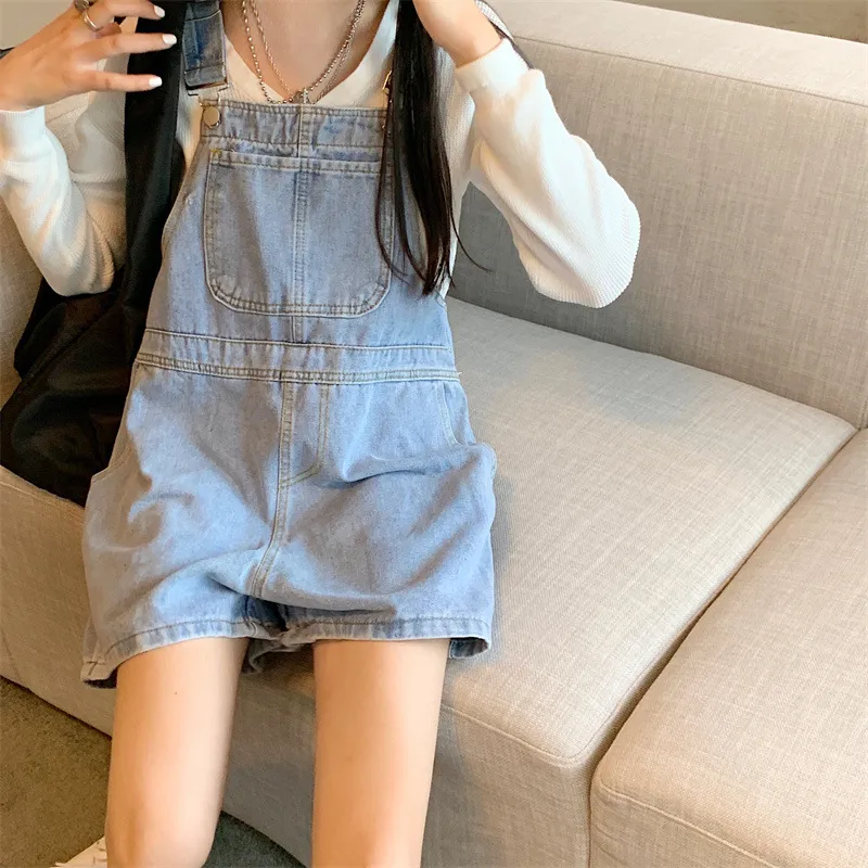 Denim Suspender Shorts Women's Summer - Light Blue