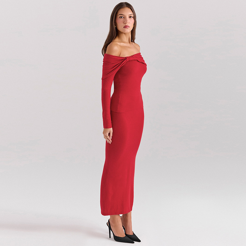 Women's Off-shoulder Collar Long Sleeve Off-shoulder Split Dress