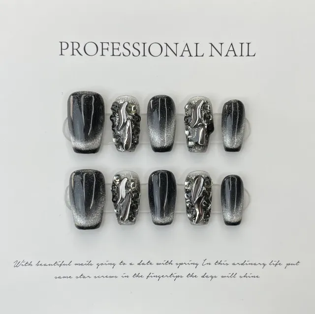 Cat's Eye Fake Nails Hand worn Armor White Dark Black Niche Style Black Extra Small Xs - Shop at LoveMi