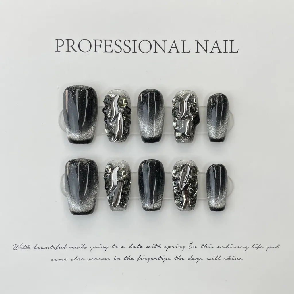 Cat's Eye Fake Nails Hand-worn Armor White Dark Black Niche Style Black - Extra Small Xs