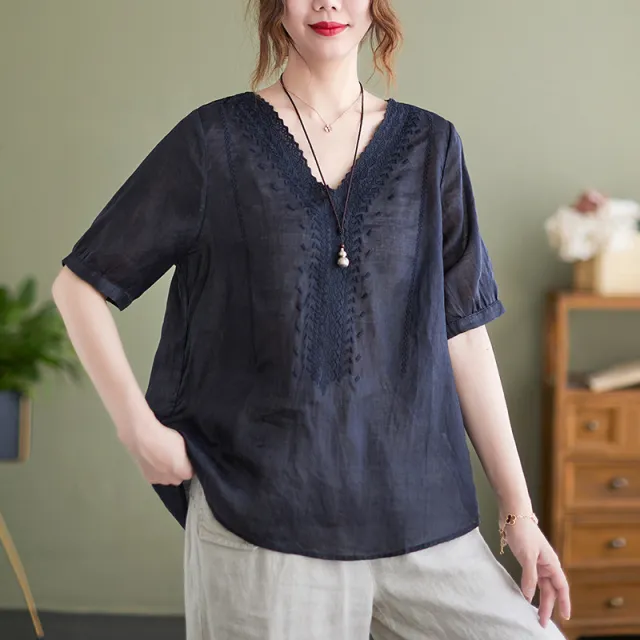 Women's Fashion Artistic Retro Embroidery Short sleeved Cotton And Linen Top Dark Blue - Shop at LoveMi