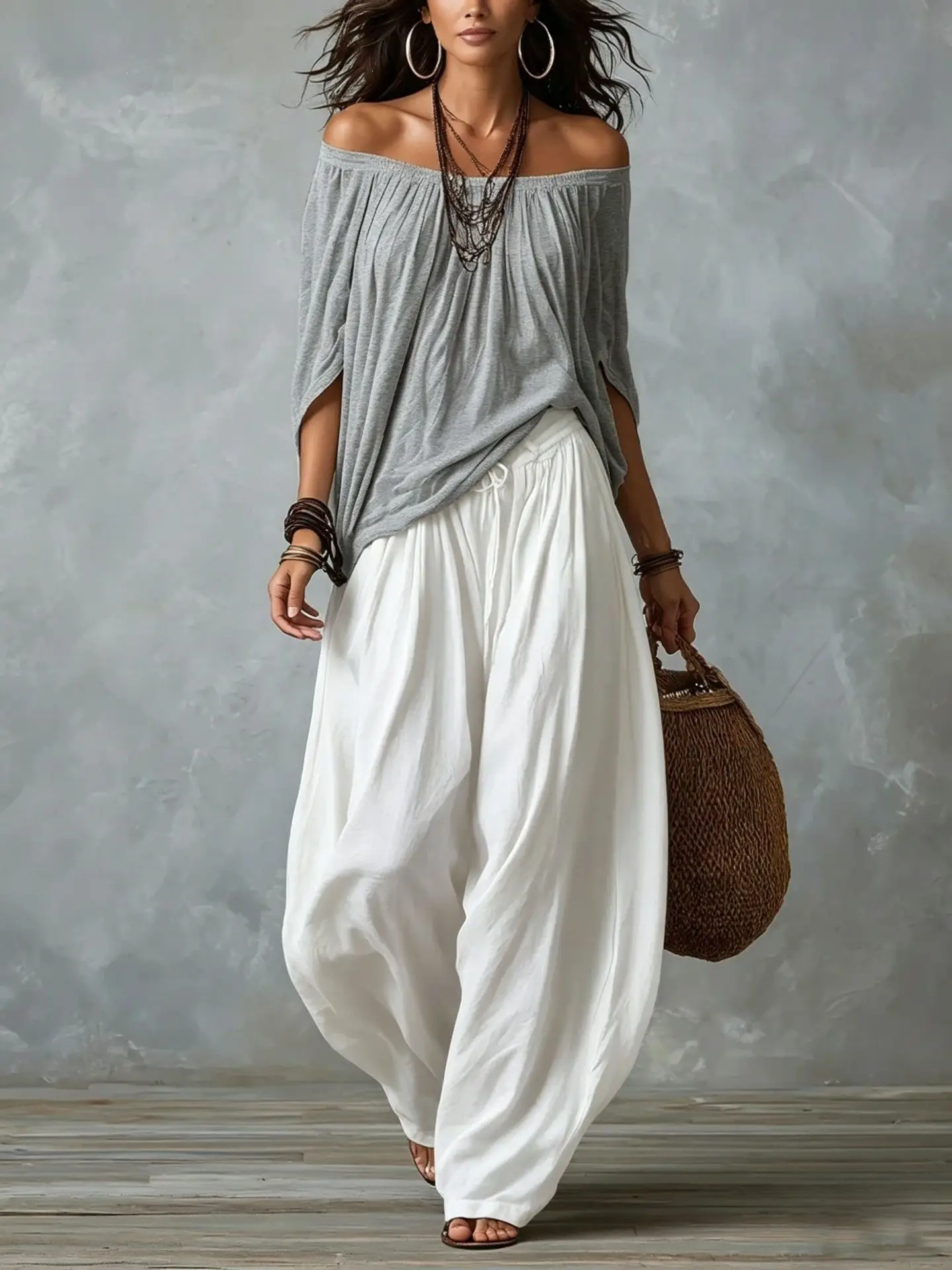 Women's Off-Shoulder Suit Long Sleeve Top And Flare Leg Pants Set - Loose Fit Casual Two Piece Outfit
