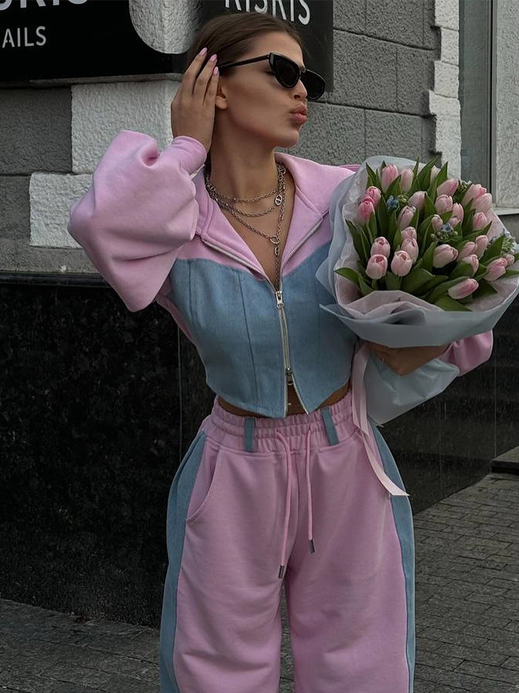 Fashion Casual Sweater Suit Denim Stitching Hooded Top And Trousers Women's Clothing