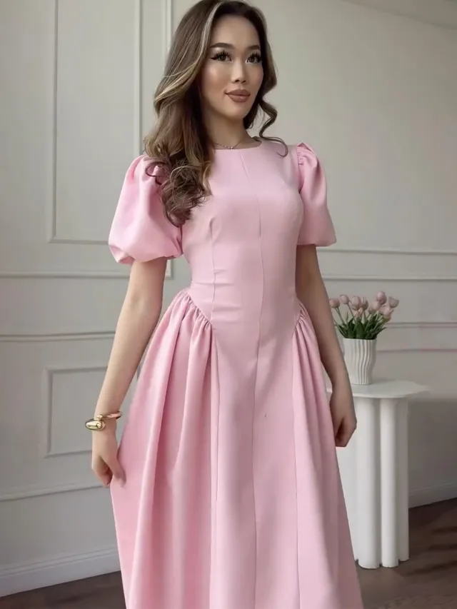 Retro Short Sleeve Puff Sleeve Dress Pink - Shop at LoveMi