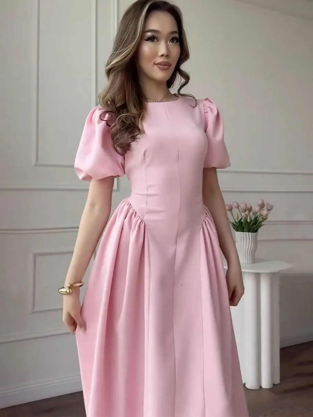 Retro Short Sleeve Puff Sleeve Dress - Pink