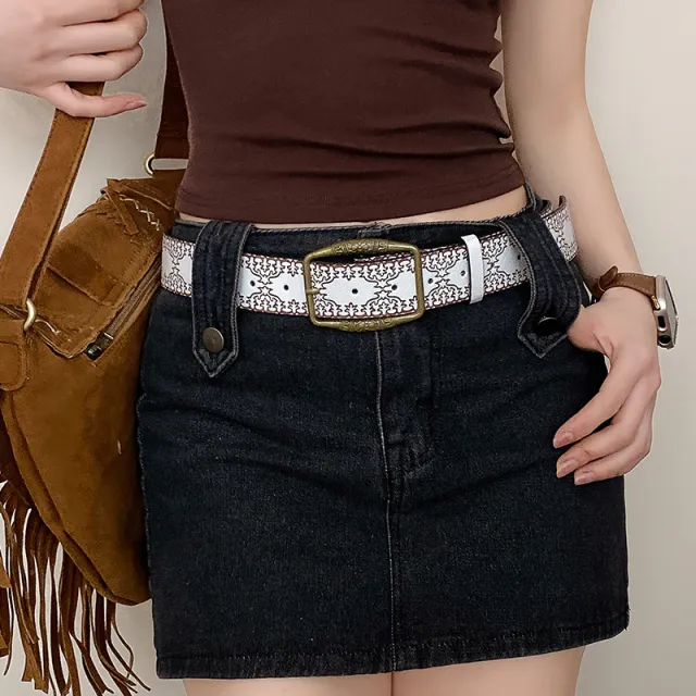 White Embossed Brass Buckle Wide Casual Short Skirt Belt White - Shop at LoveMi