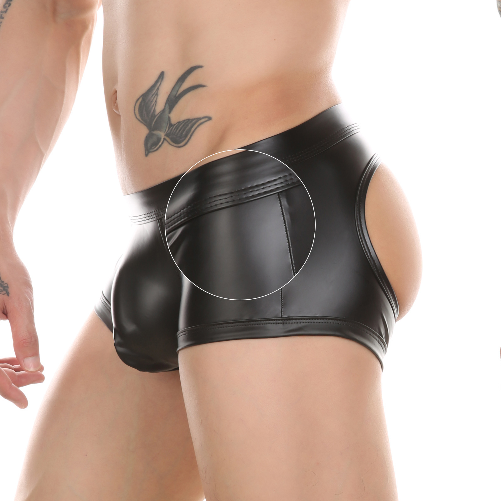 Men's Faux Leather Underwear Hip-exposed Design Back Hollow Boxers