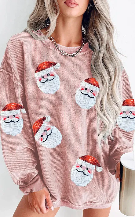 Round Neck Santa Claus Floral Print Long Sleeve Pullover Pink - Shop at LoveMi