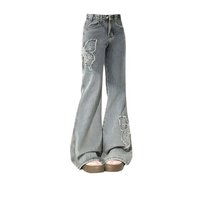 Vintage Butterfly Paste Cloth Embroidery Jeans Straight leg Wide leg Pants Distressed Blue - Shop at LoveMi