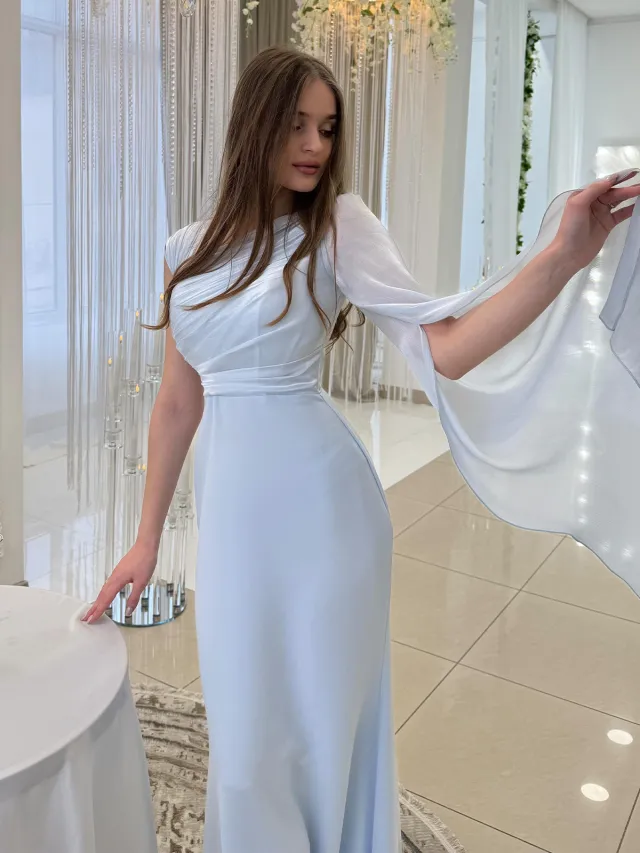 Elegant Single Long Sleeve Slim Satin Dress Blue - Shop at LoveMi