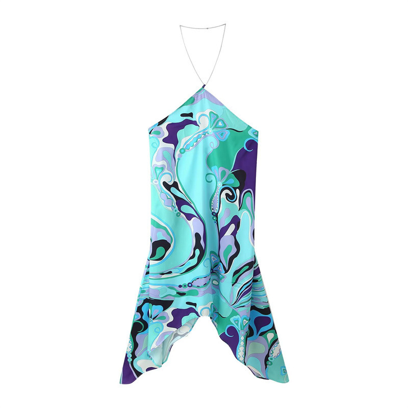 Two-tone Printed Off-shoulder Chain On Neck Dress