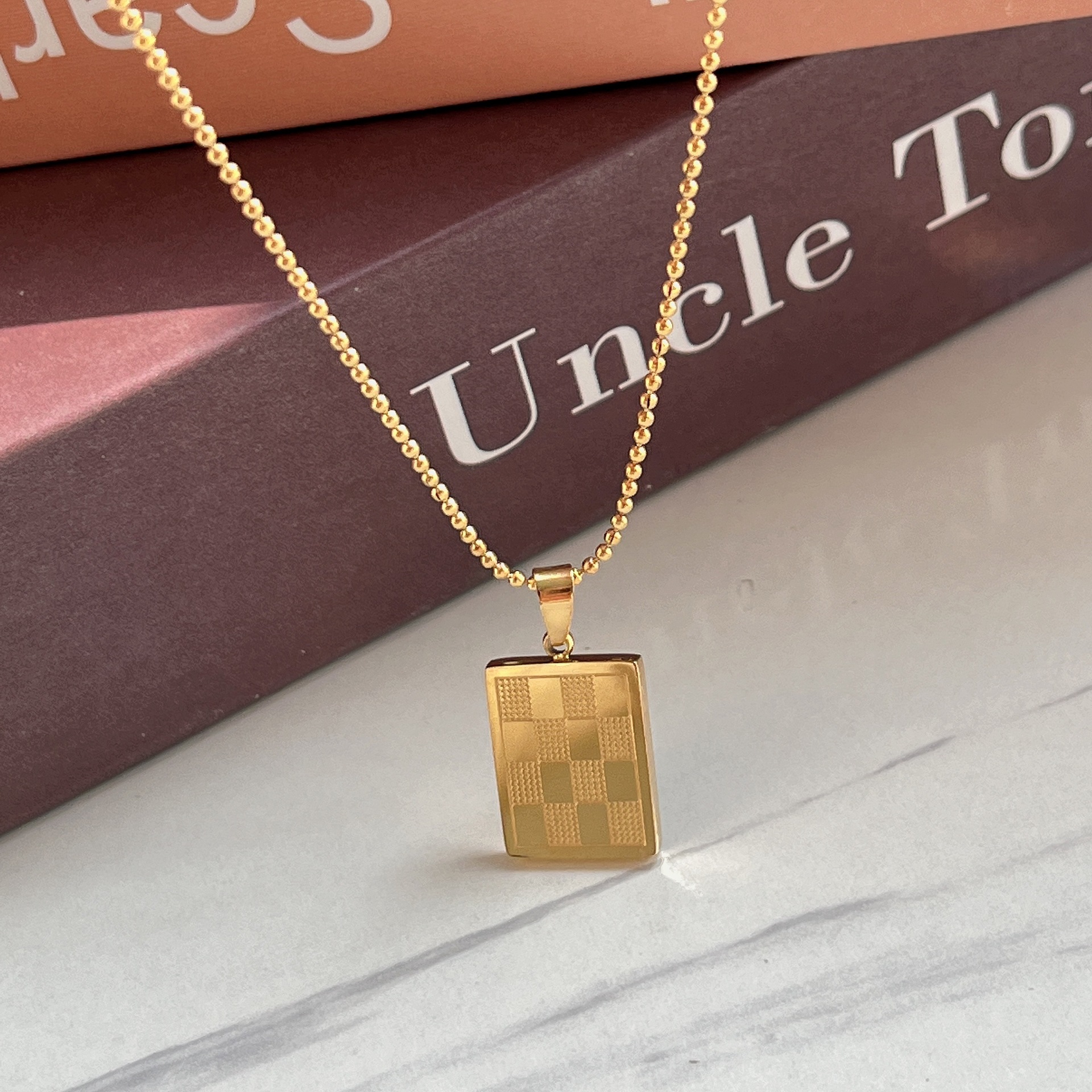 Chess Plaid Titanium Steel Square Necklace Women's Fashion