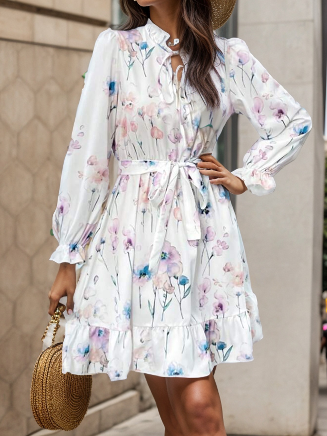 European And American New Floral Print Long Sleeve Dress
