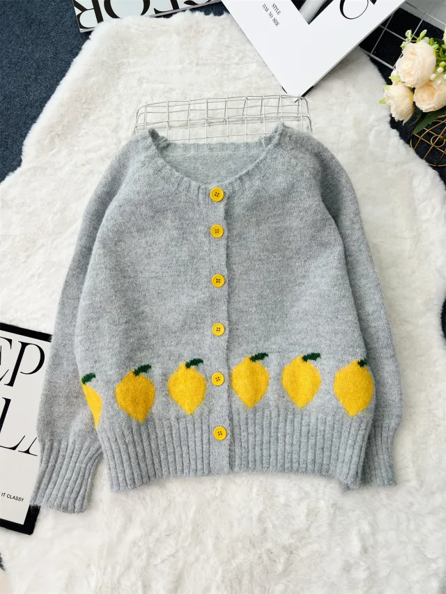 Lemon Jacquard Contrast Color Button Casual Loose Round Neck Sweater Gray And Blue - Shop at LoveMi