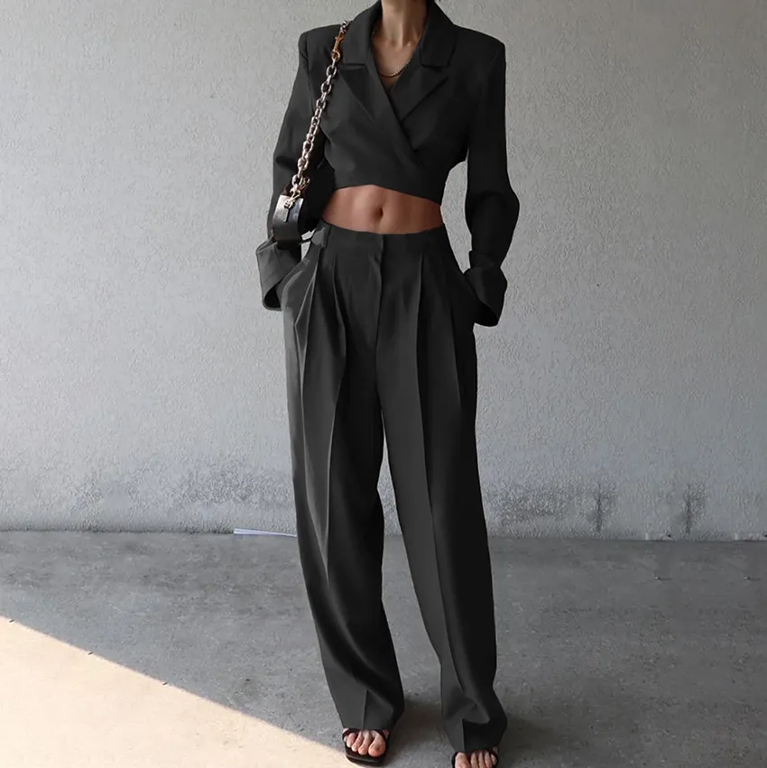 Long-sleeve Cropped Blazer And High-waist Casual Wide-leg Pants Set - Black