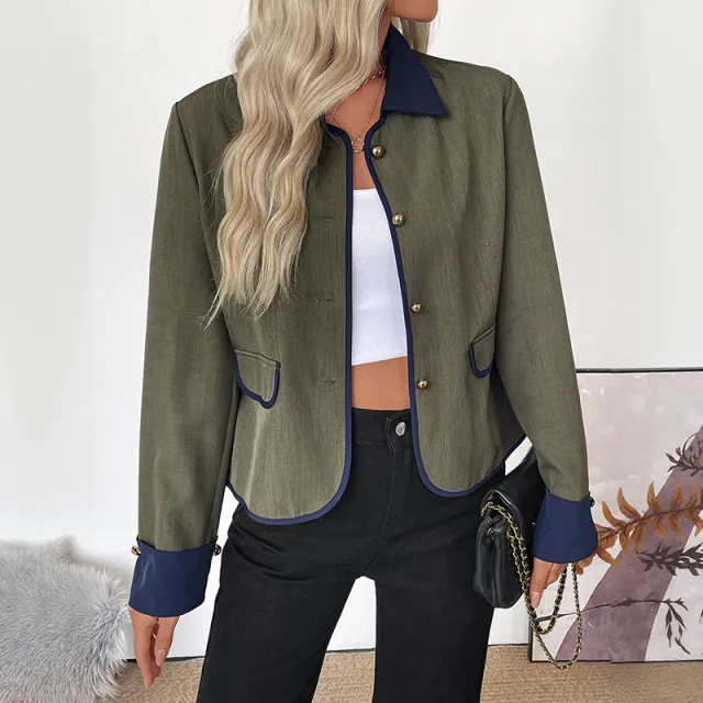 Retro Color Contrast Patchwork Coat Elegant High end Short Coat For Women Green - Shop at LoveMi
