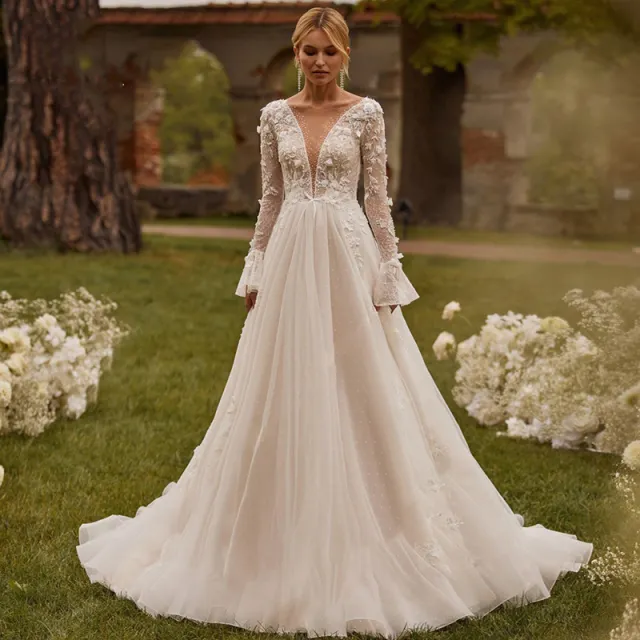 Sexy See through Wedding Long Sleeve Embroidered Deep V Puffy Wedding Dress Ivory White - Shop at LoveMi