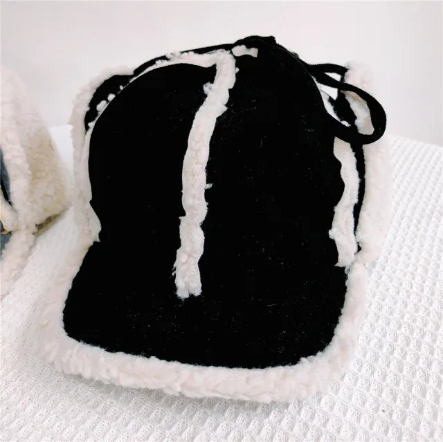 Rope Ushanka Women's Lamb Wool Fleece lined Thermal And Windproof Cold Protection Earflaps Northeast Hat Black - Shop at LoveMi