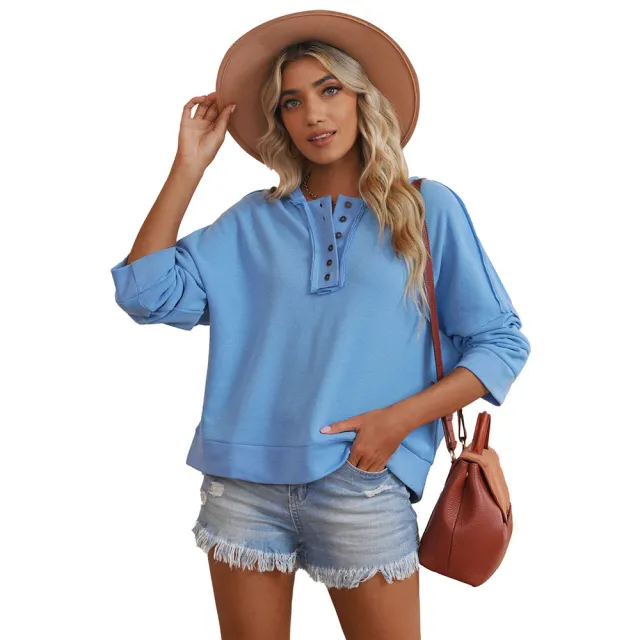 Leisure Loose Patchwork Drop shoulder Long sleeve Sweatshirt Women Winter Thicken Solid Color Hoodie Sky Blue - Shop at LoveMi