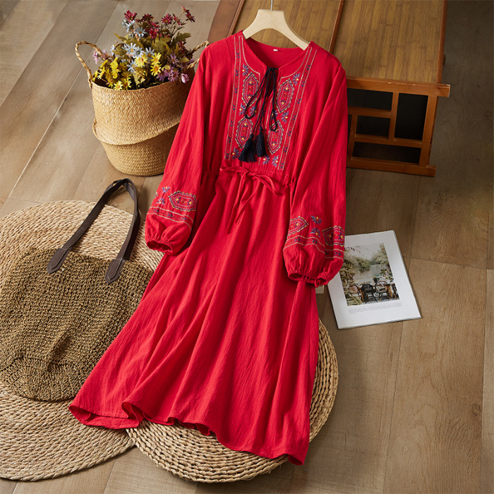 Cotton Linen Embroidered Tassel Waistband Dress Ethnic Style Artistic Skirt Red - Shop at LoveMi