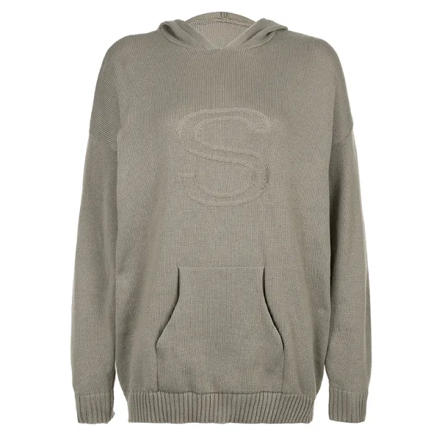 Women's Clothing Solid Color Loose Long Sleeves Pullover Patchwork Letters Fashion Sweater Gray - Shop at LoveMi